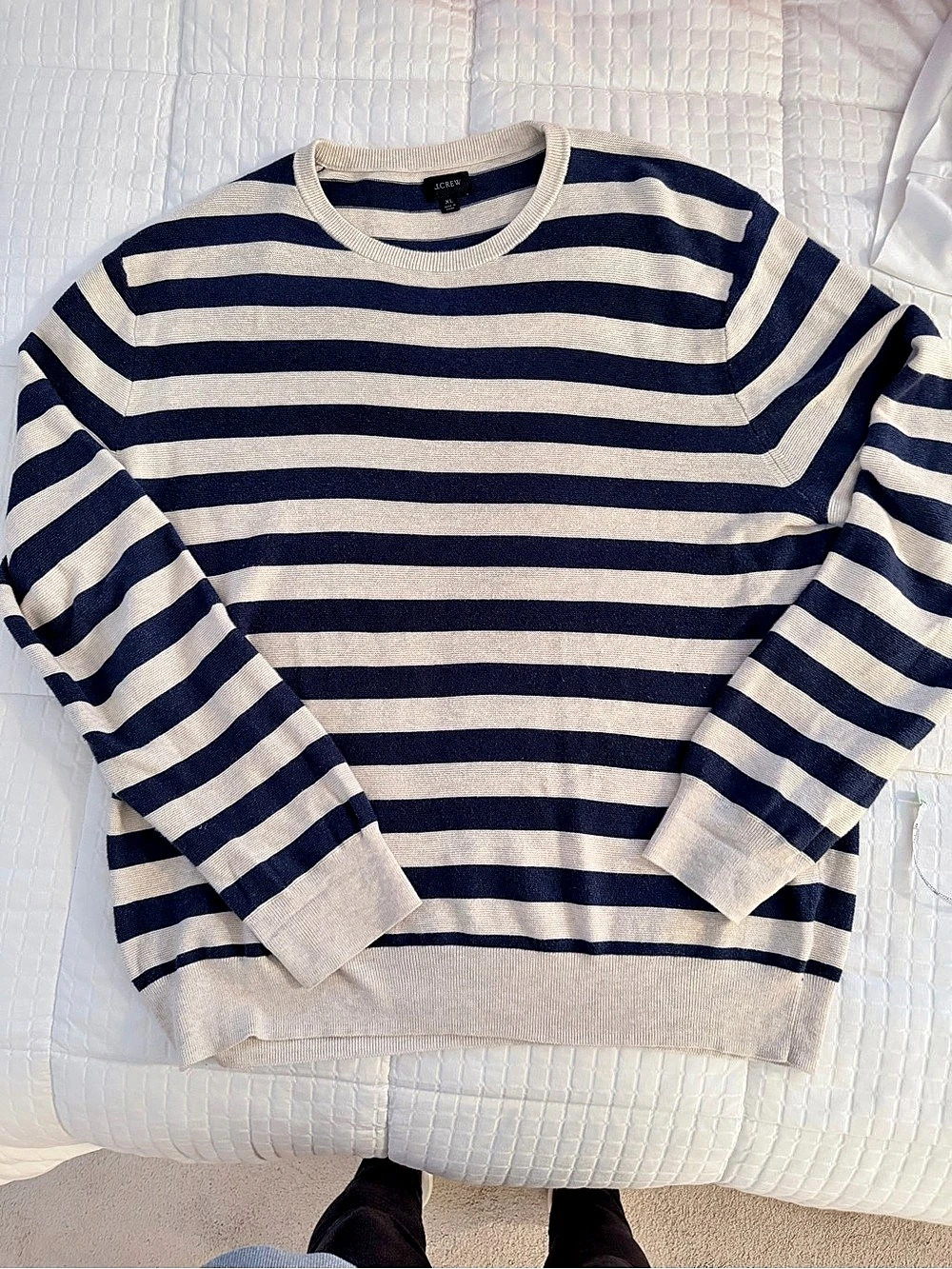 J.Crew Men's Navy & Cream Striped Cotton Crewneck Sweater Size XL
